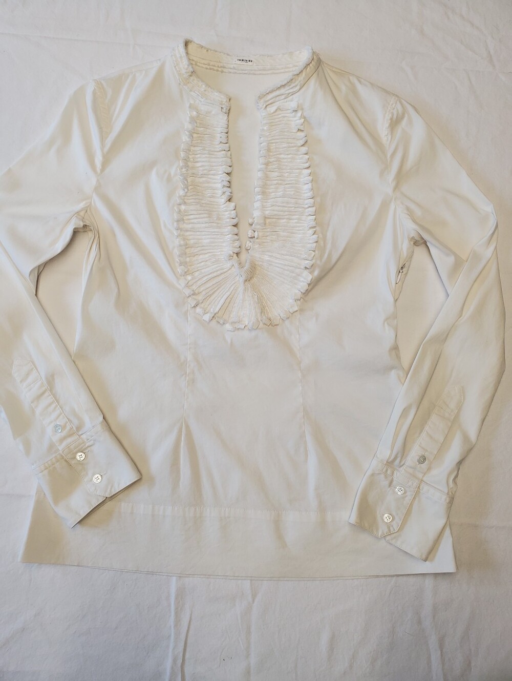 White Pleated Ruffle Bib Tuxedo Blouse Band Collar Side Zip